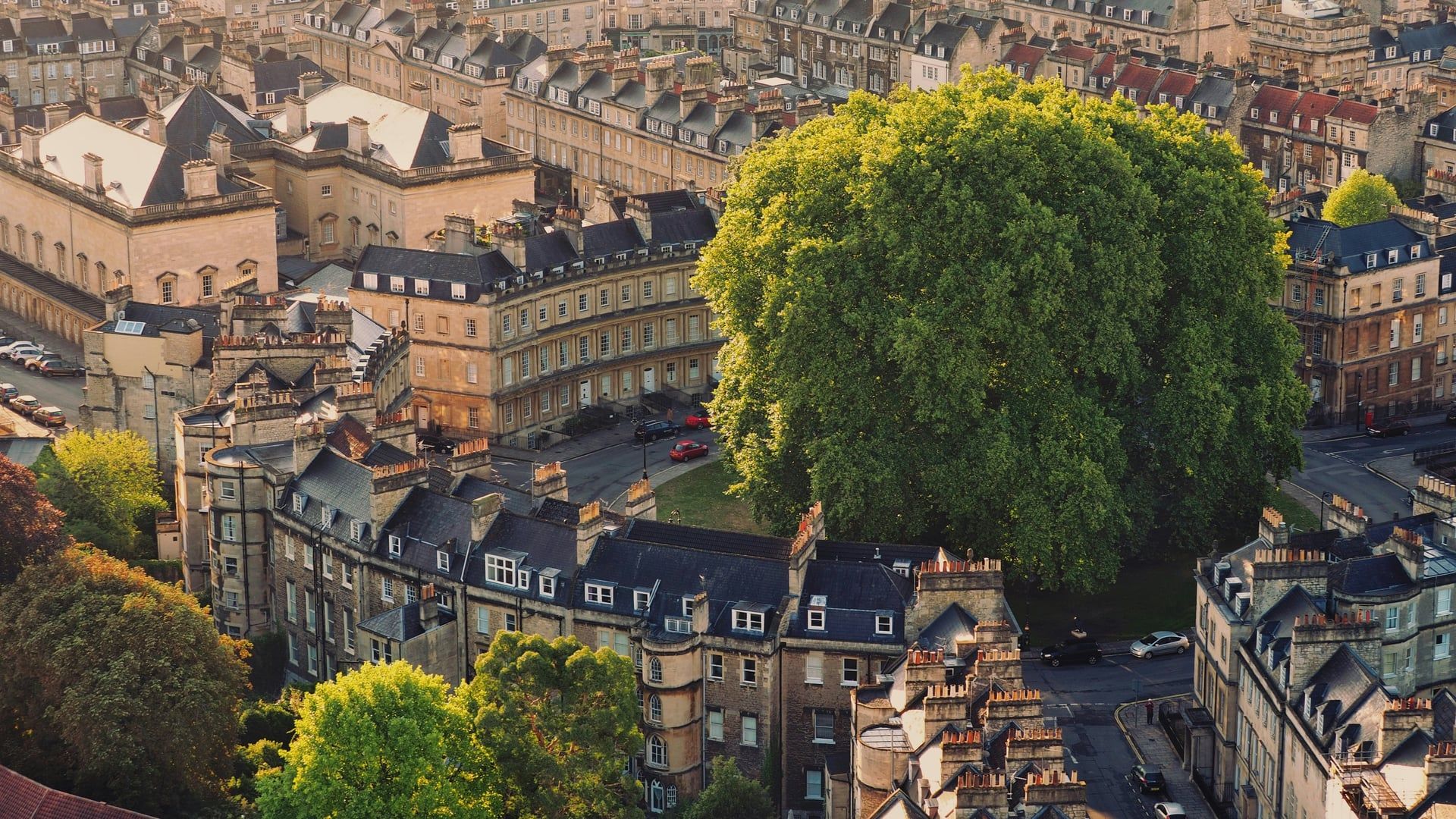 The Georgian terraces of Bath from above, the great plane trees of The Circus at their centre